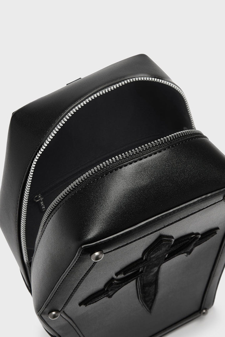 black vegan leather coffin backpack