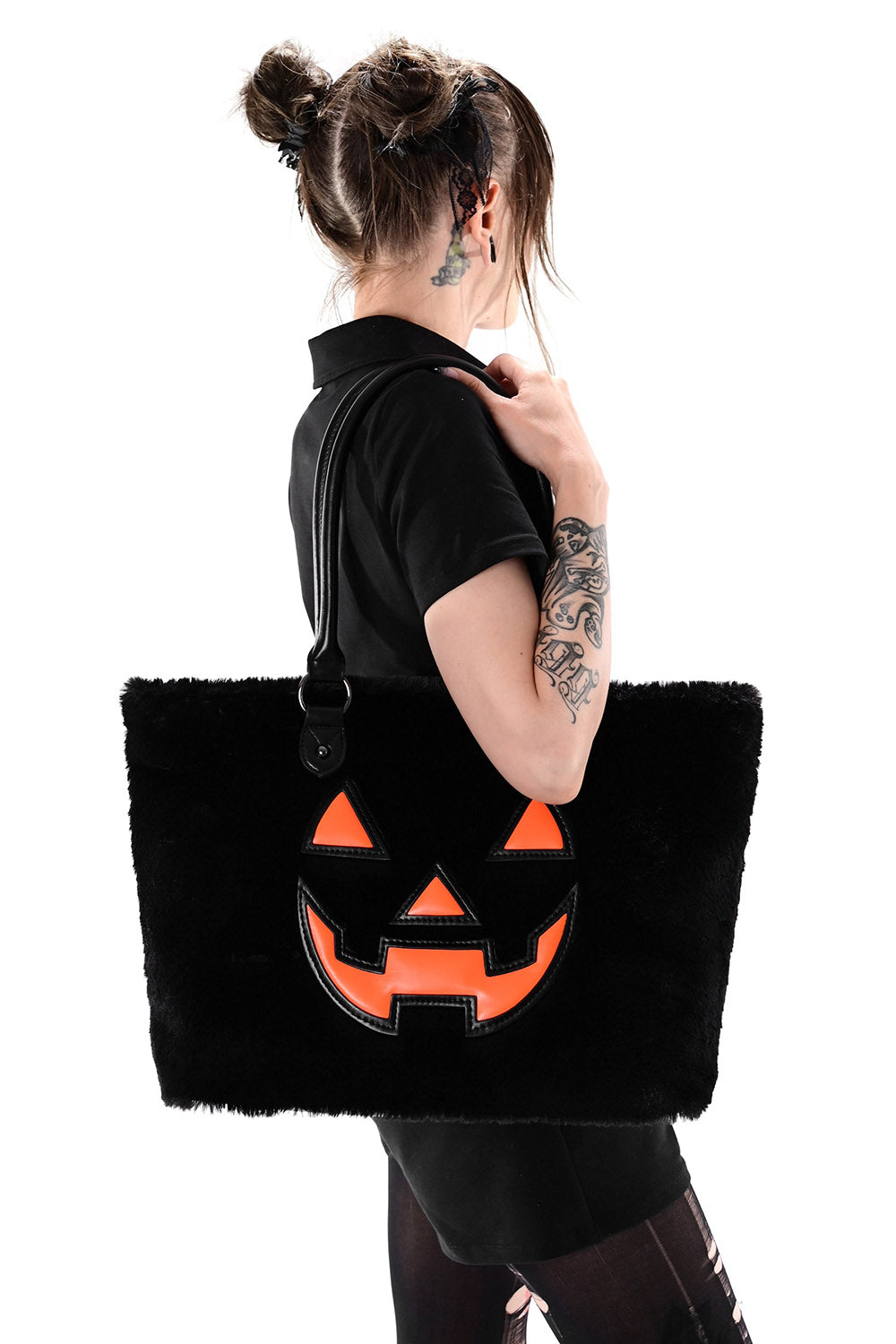 fuzzy plush pumpkin tote bag