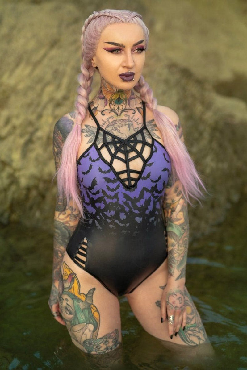 Bats Fly At Dawn Purple Sky Web Caged One Piece Swimsuit