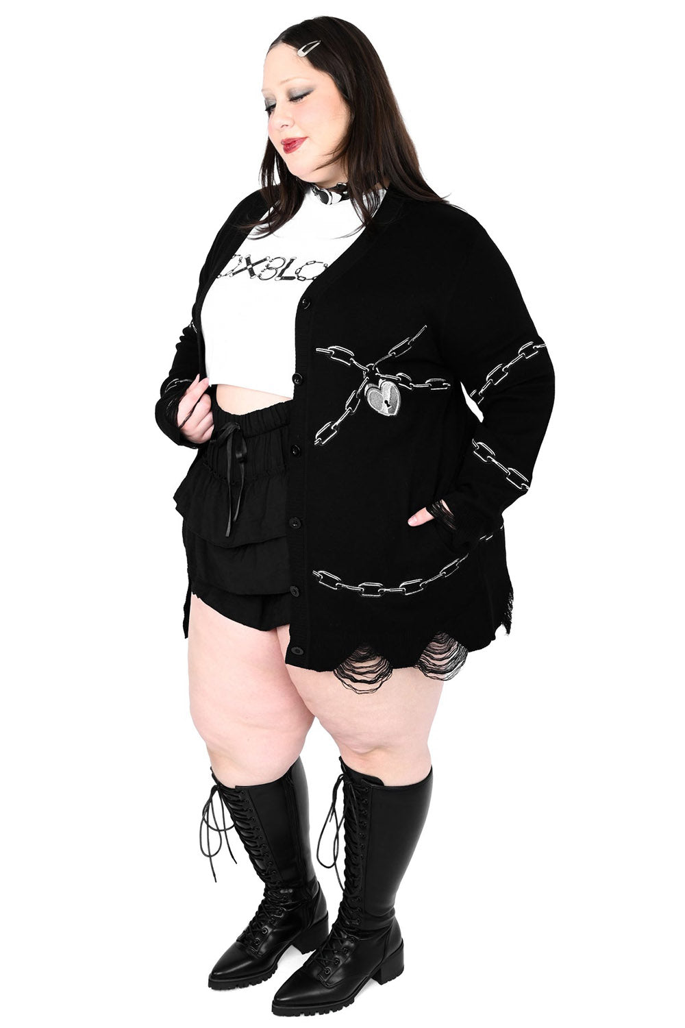 distressed embroidered chain and heart emo cardigan sweater
