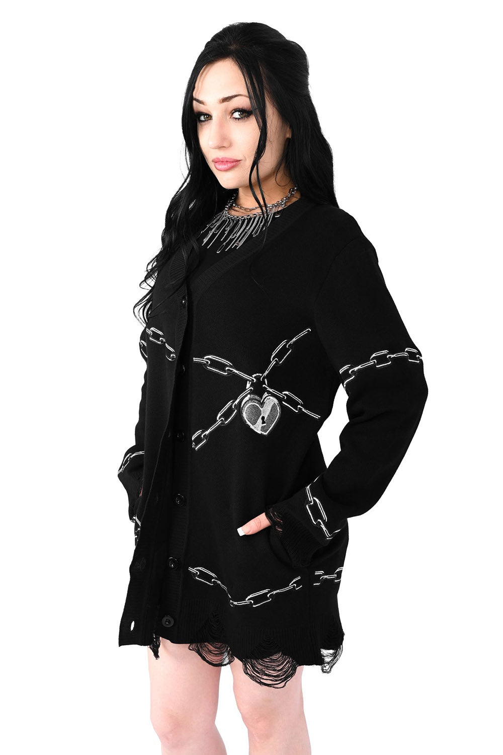embroidered chain and heart emo cardigan sweater