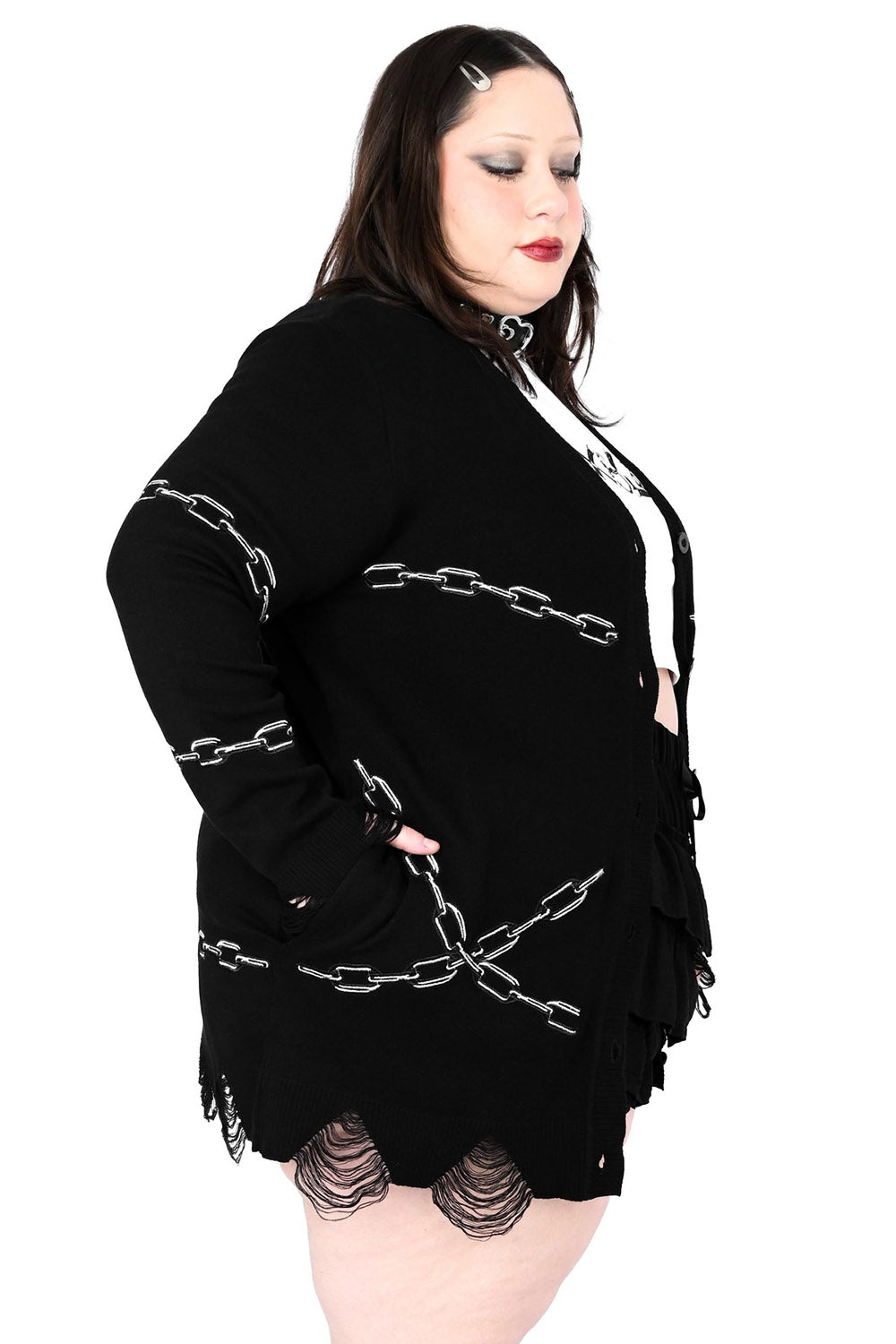 tattered embroidered chain and heart emo cardigan sweater