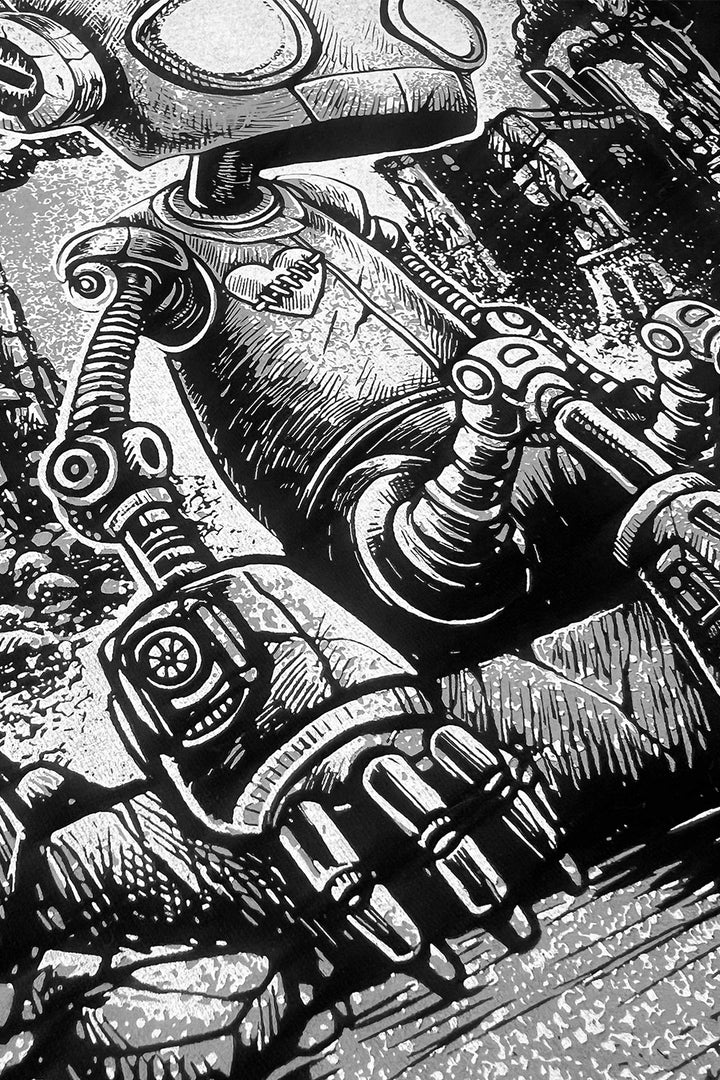 robot with stitched heart sweatshirt