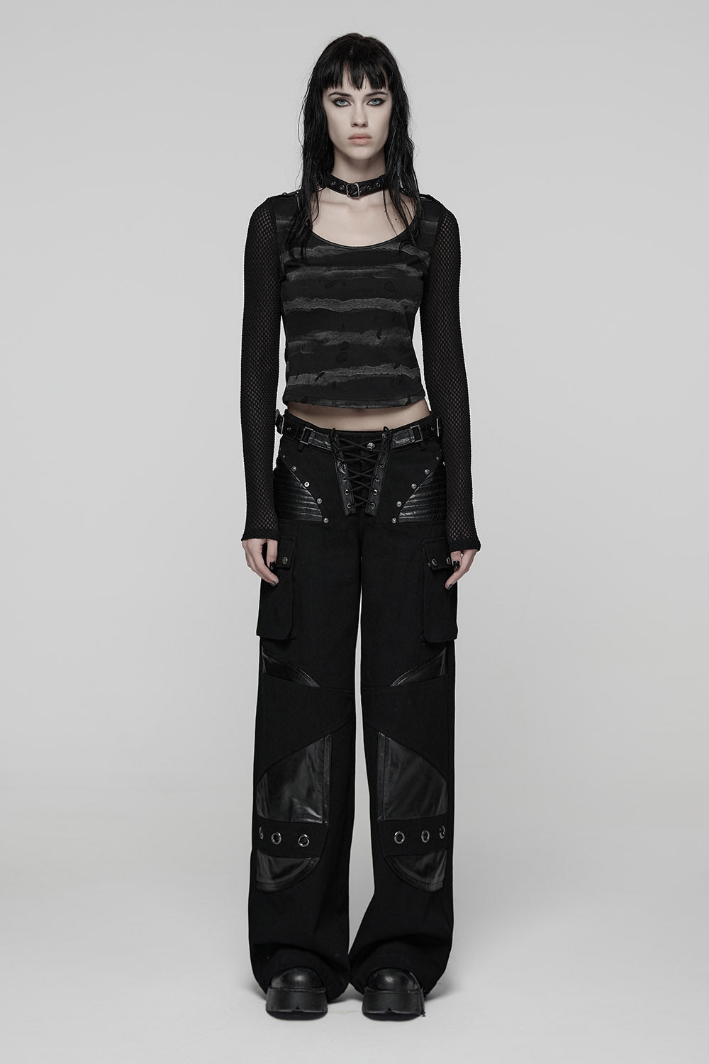 mall goth distressed grey and black stripe long sleeve fishnet top 