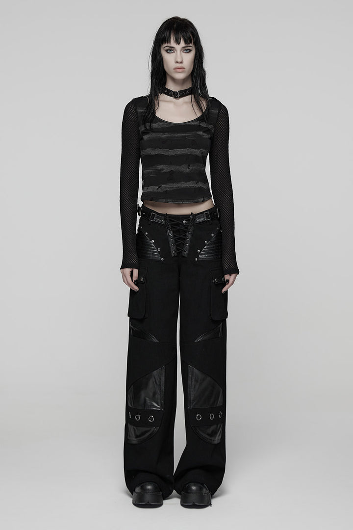 mall goth distressed grey and black stripe long sleeve fishnet top 