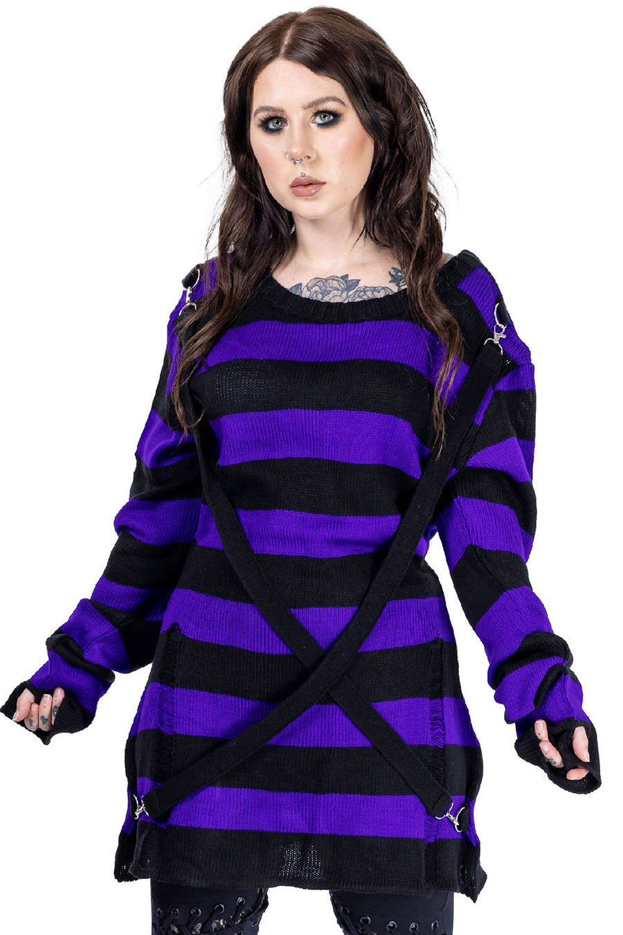 purple and black striped emo sweater top