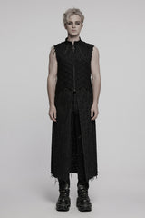 mens long shredded trench coat with skull and bones zipper pull