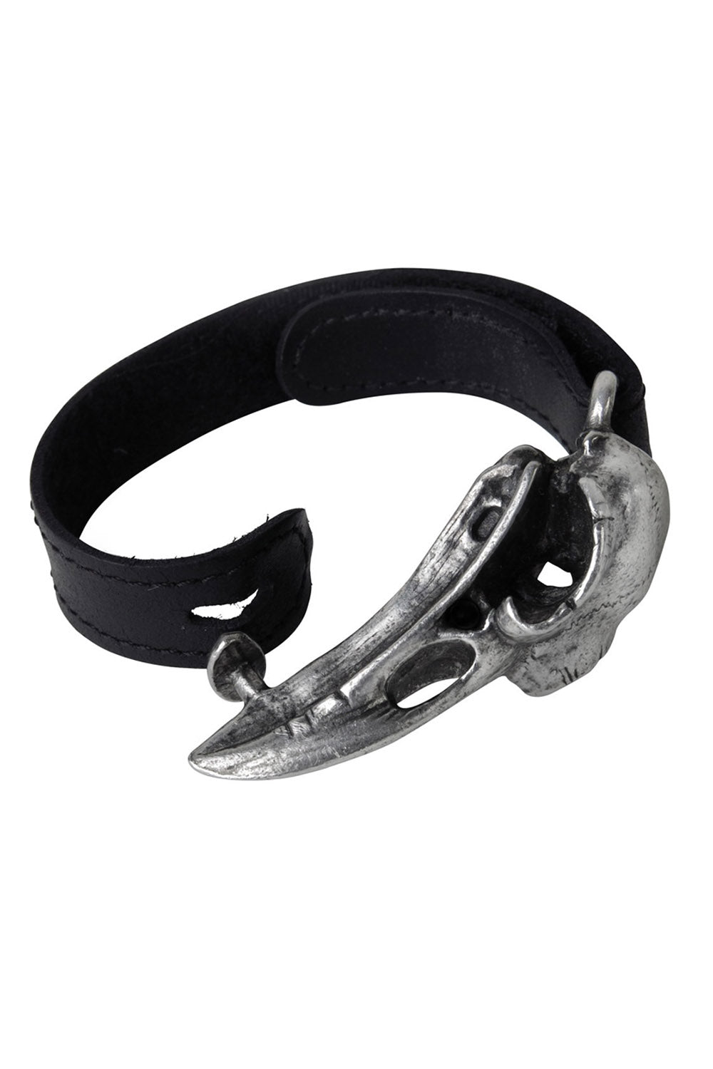 mens gothic black genuine leather cuff bracelet with raven skull pendant 