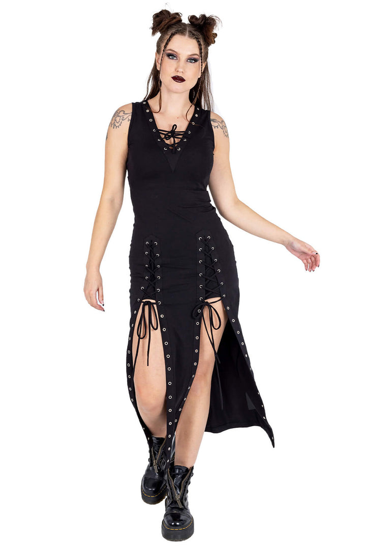 woemsn sleeveless grunge gothic maxi dress