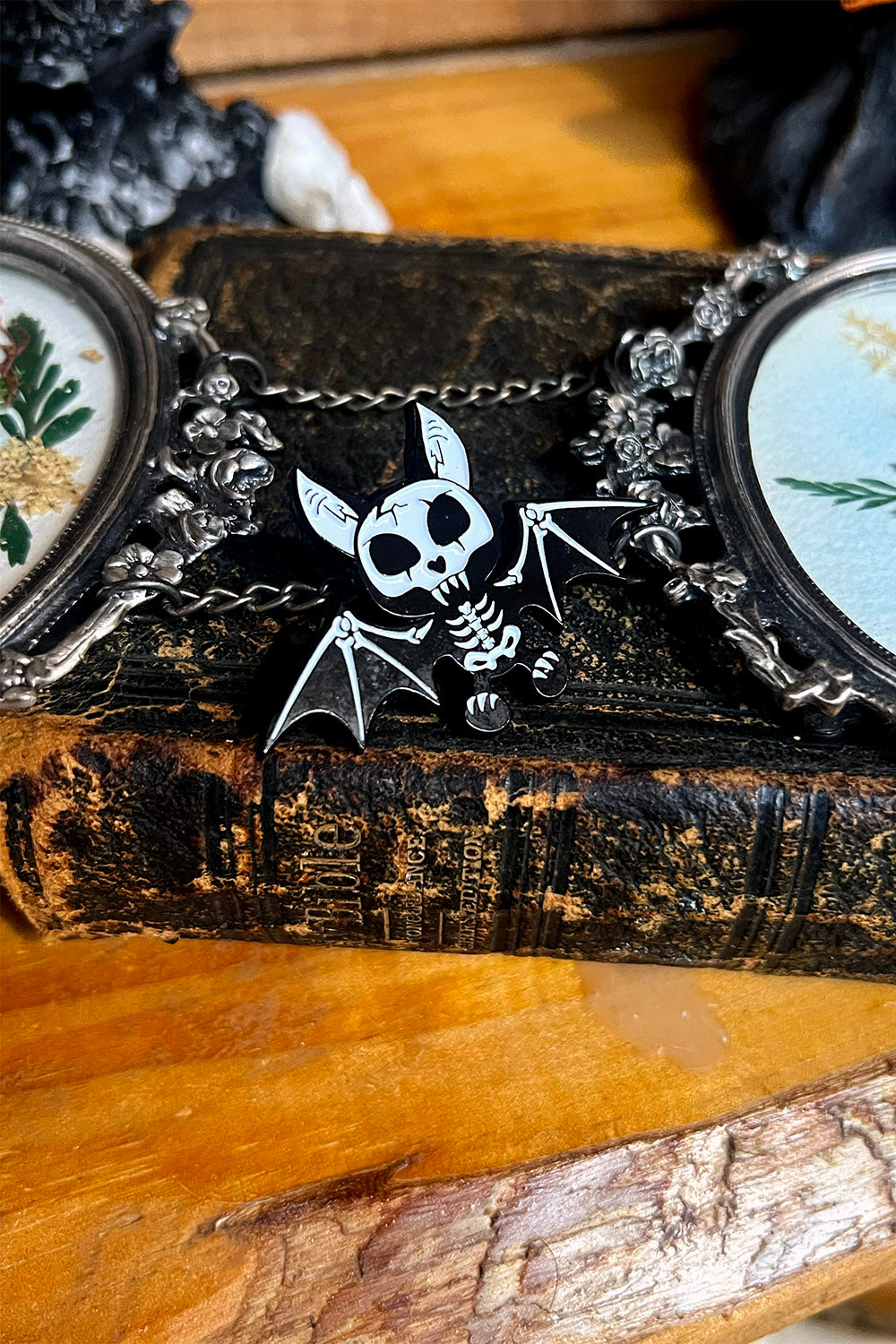 spooky cute creepy skeleton baby bat enamel pin