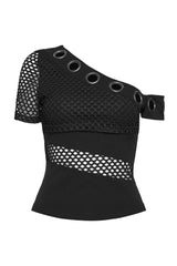 Black cotton emo off the shoulder fishnet top 