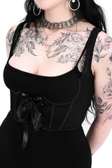 black fishnet underbust corset with satin lacing 