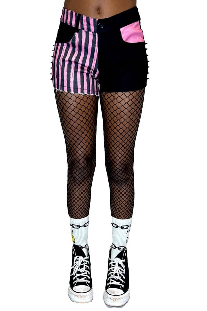 Pink Striped Witch Bitch Studded Stretch Denim Shorts