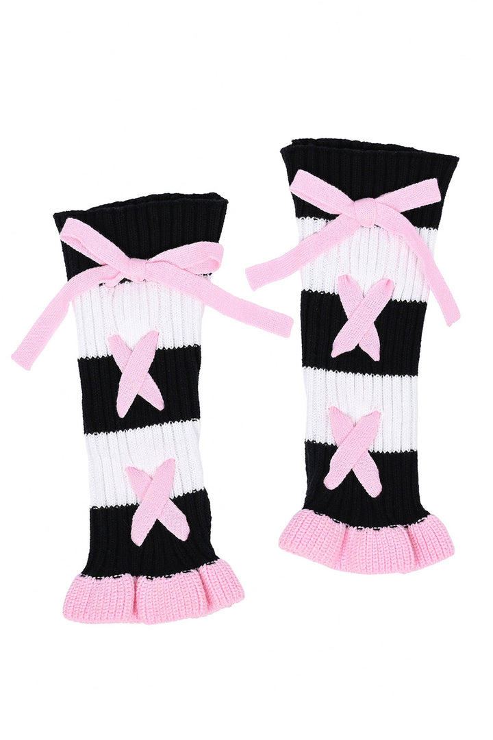 emo lace-up black and white striped fingerless  gloves