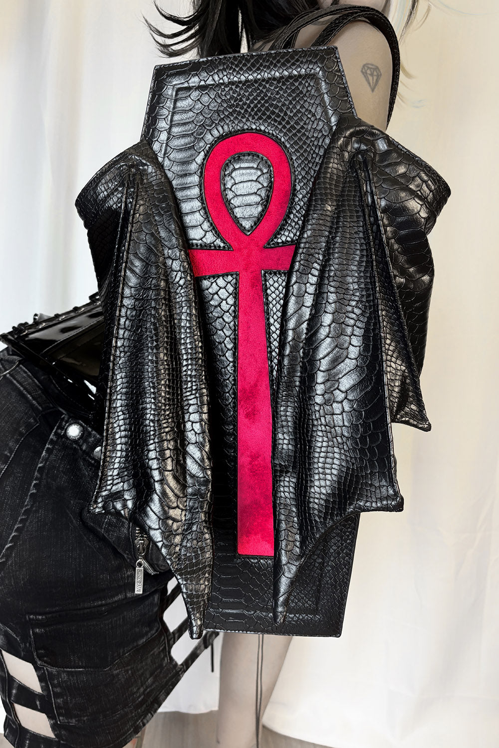 gothic coffin backpack with foldable wings and spikes