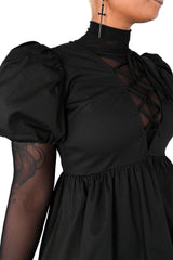 womens lace-up corset fit and flared puffed sleeve cottagecore dress