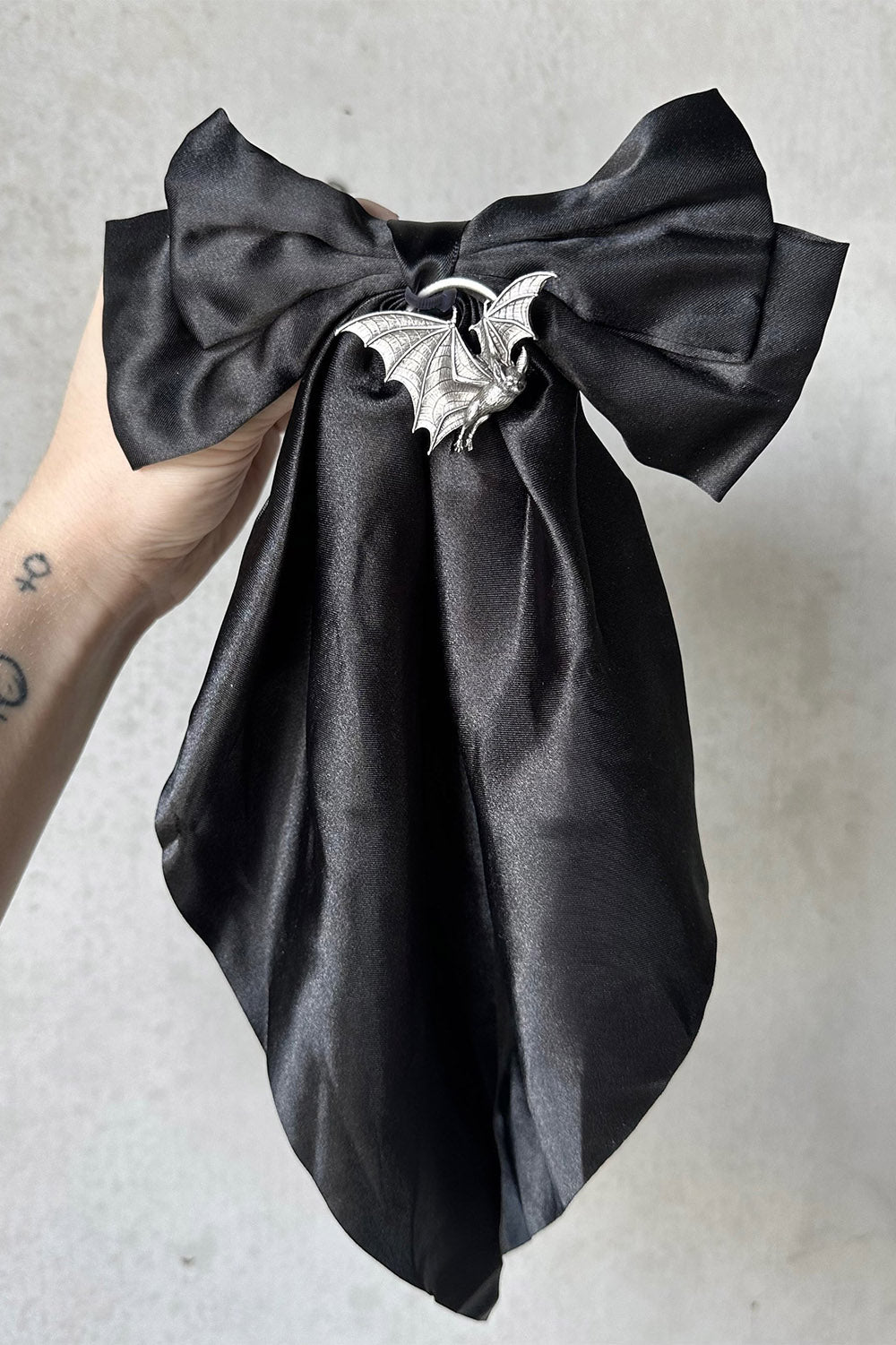 big black satin hair bow clip with bat pendant charm