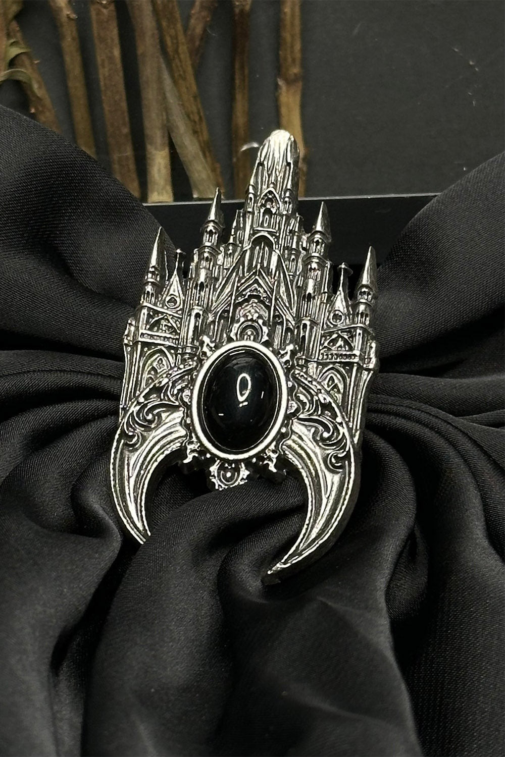 gothic big black satin gothic cathedral hair bow  and pendant 