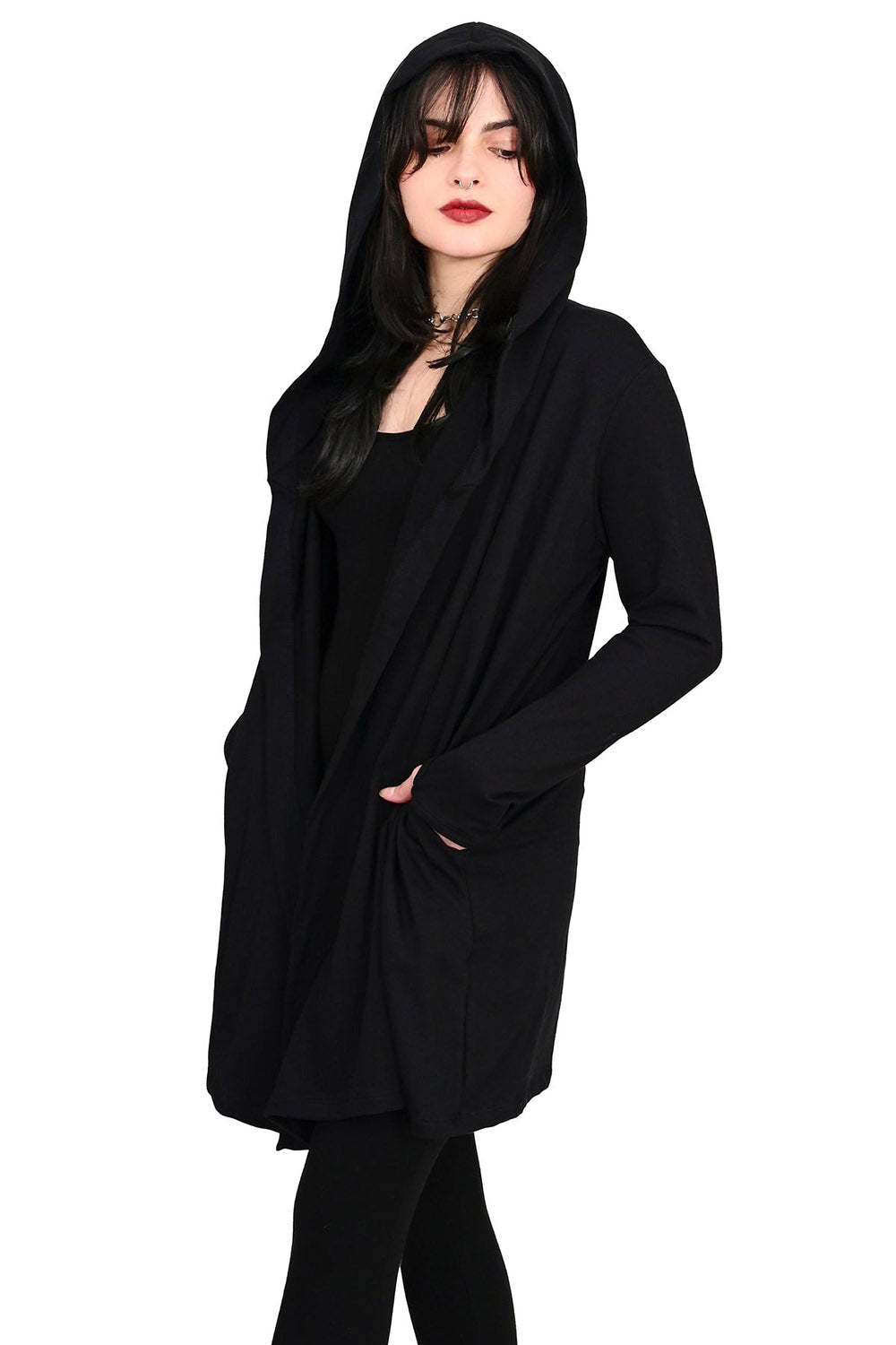 black gothic open front cardigan with pockets