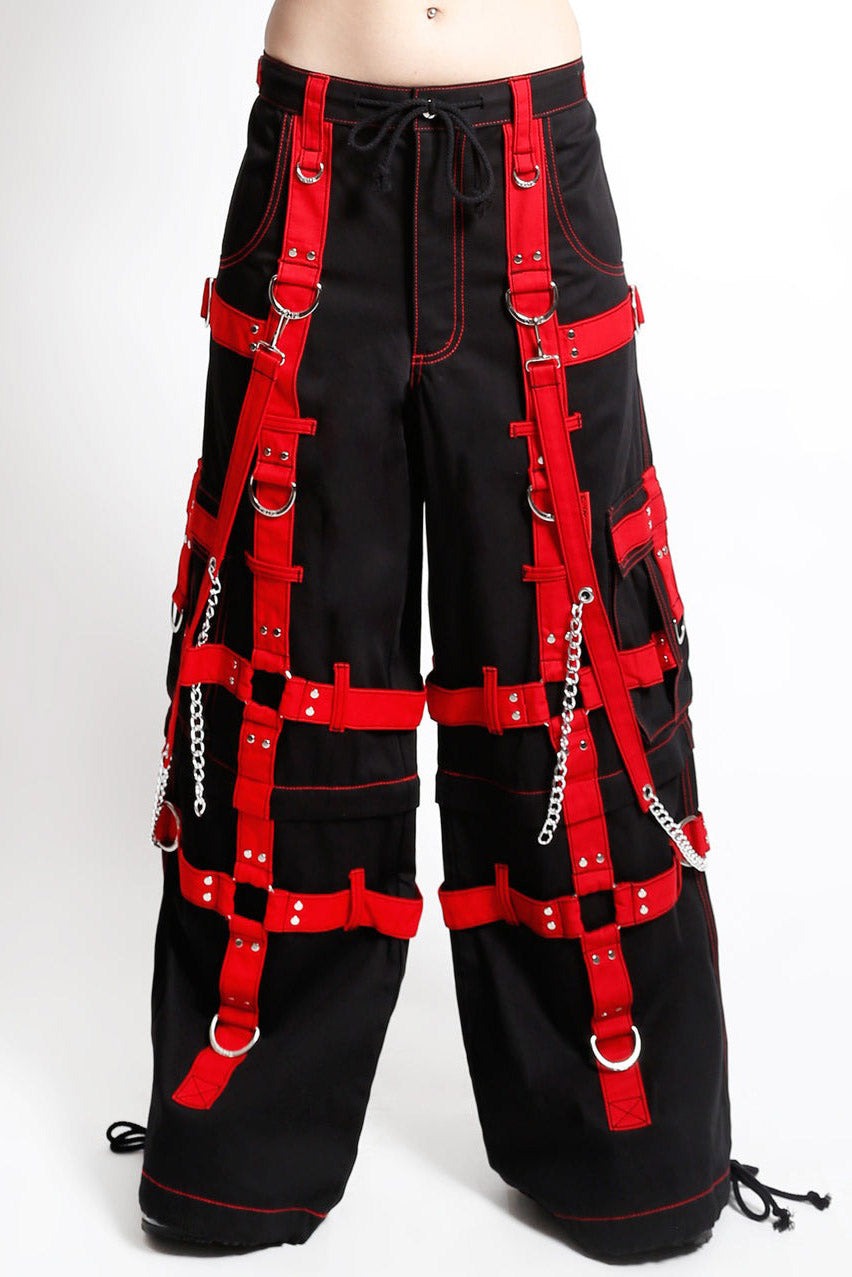 red and black cargo pants with straps, chains, and d-rings 