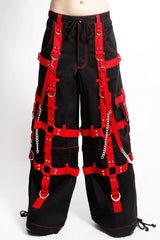 red and black cargo pants with straps, chains, and d-rings 