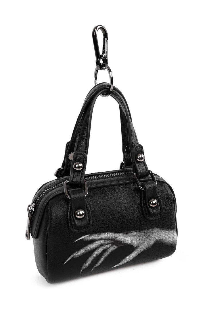 small black keychain bag with ghost hand graphic