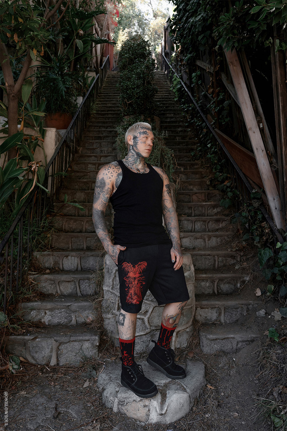 mens gothic lounge shorts with red castle gothic vampire bat print