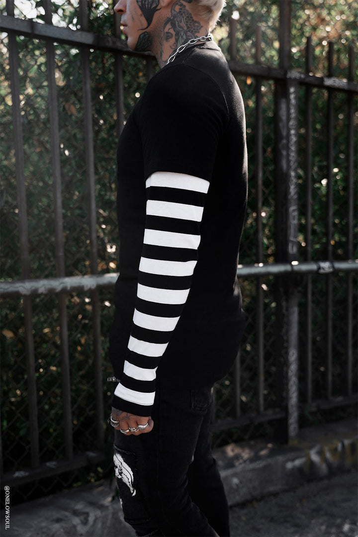 mens emo long sleeve striped shirt with black short sleeve shirt on top