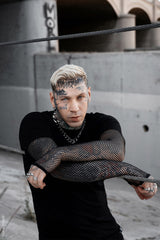 mens punk rock black short sleeve top with built-in fishnet shirt