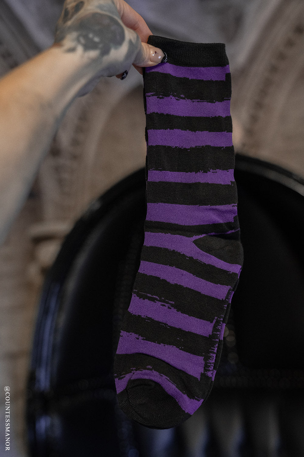 womens emo purple and black striped socks