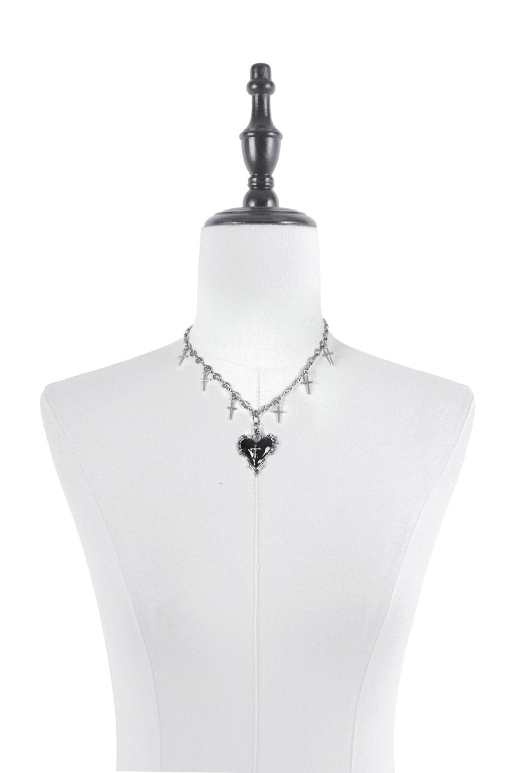 spiked black heart punk necklace on a cross chain