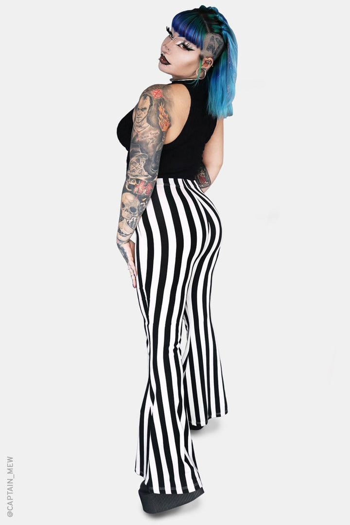womens  black and white emo striped  flared leggings