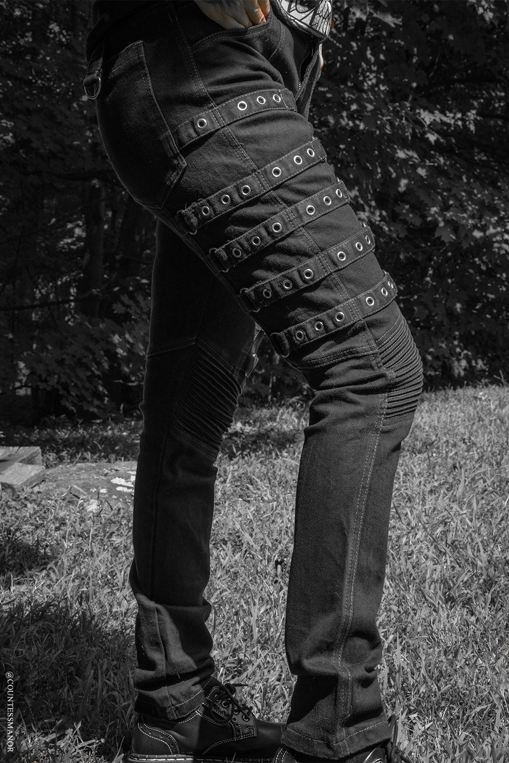 mens slim fit gothic pants with eyelets and rubbed details 