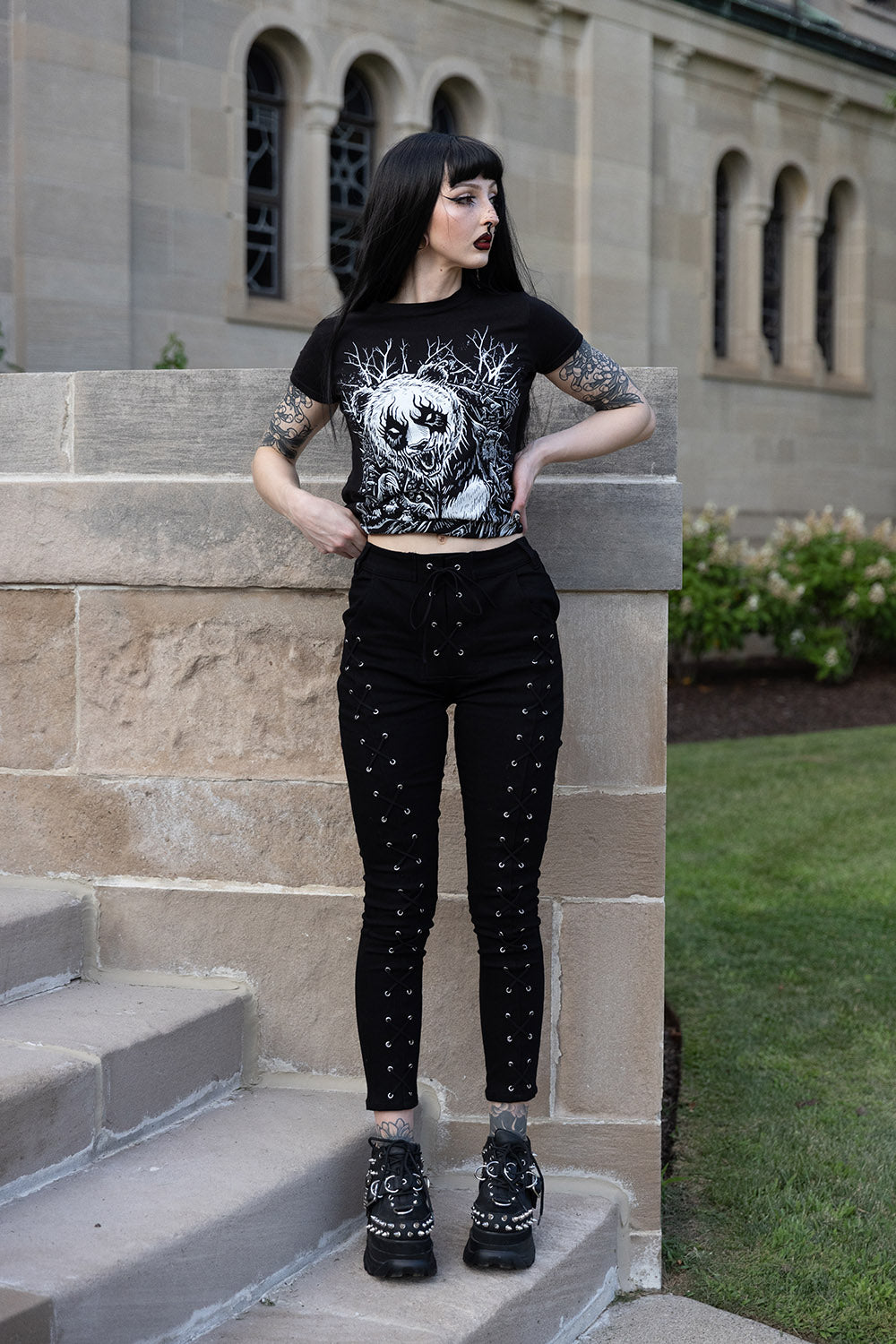 womens high waisted high rise gothic lace-up skinny jeans