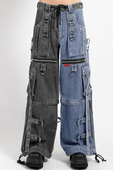 Tripp NYC X-Strap Split Denim Pants [BLACK DENIM/INDIGO BLUE]
