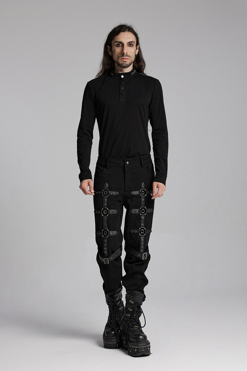 mens black vegan leather strap pants