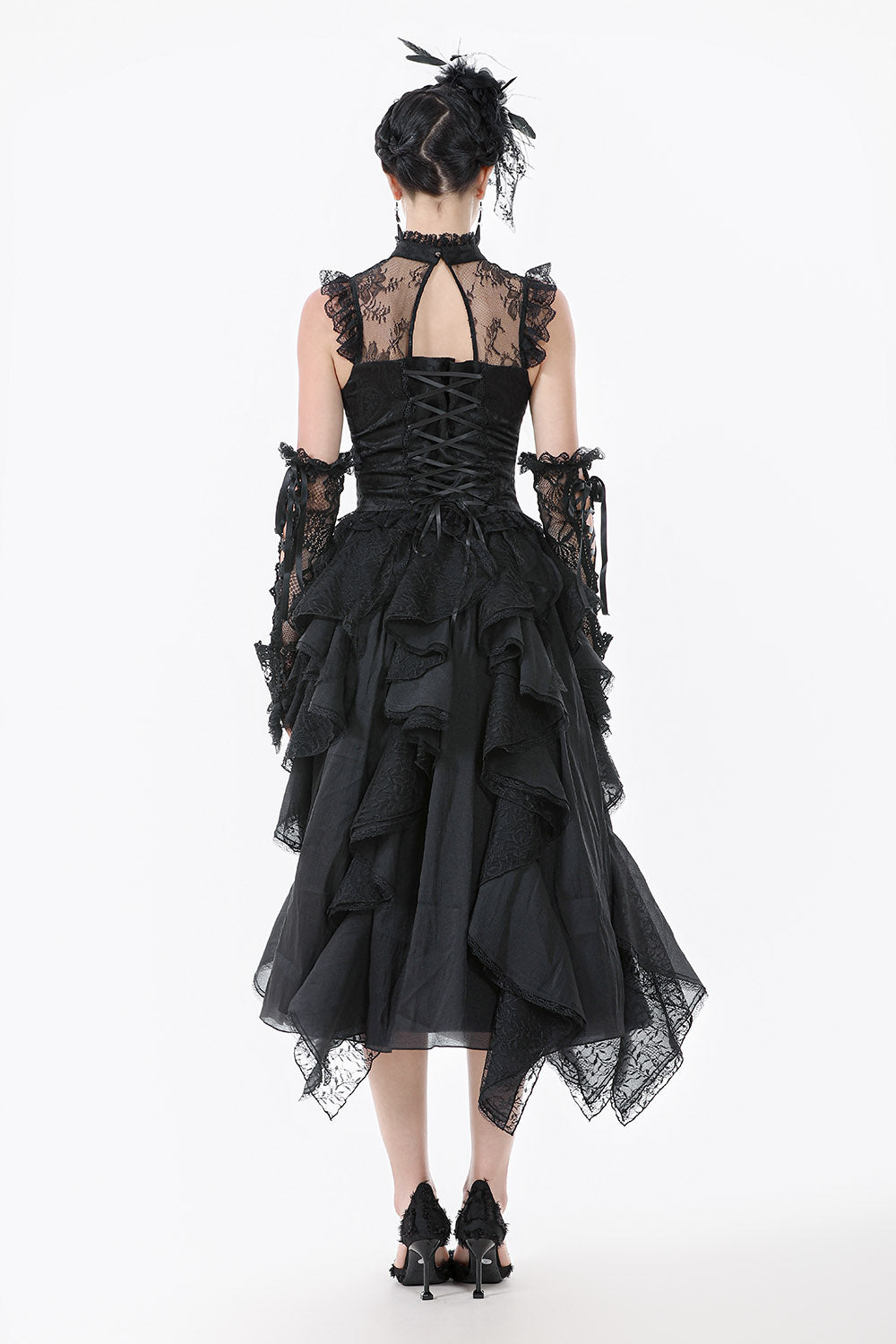 womens ruffled hem damask tank top with laces in the back