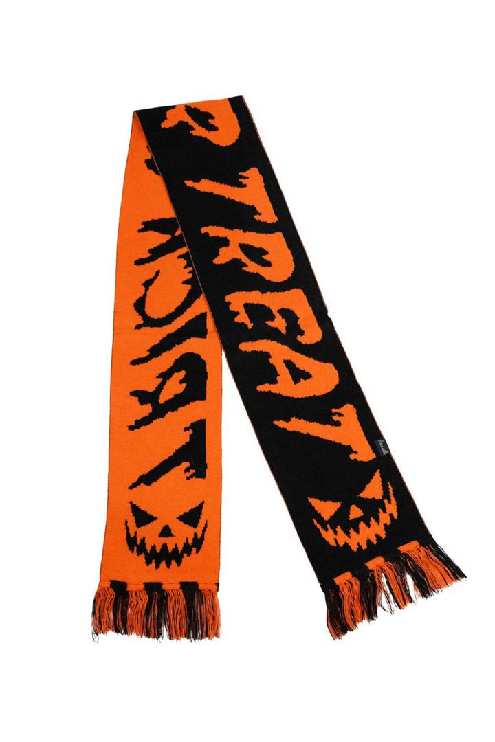 Halloween-themed scarf with jack-o'-lanterns and the word 'TREAT' on an orange and black background.