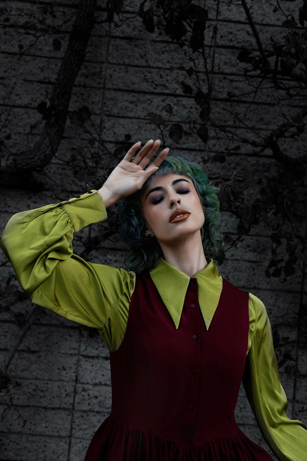 witchy bright green long sleeve collared witch top