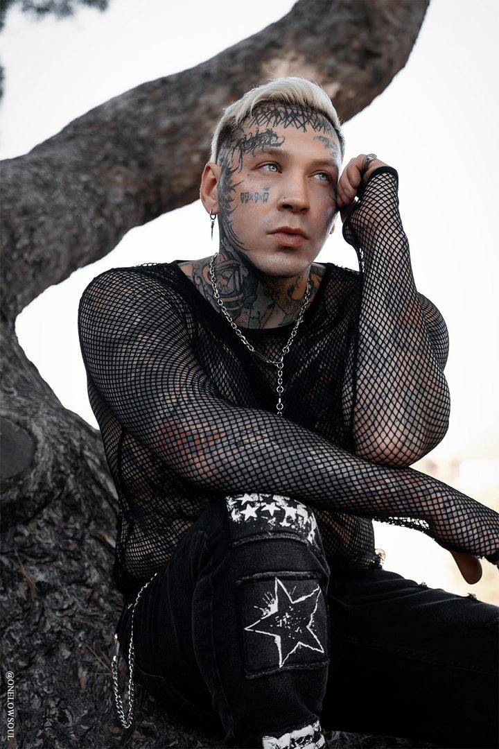 grunge goth black long sleeve fishnet shirt with thumbholes 