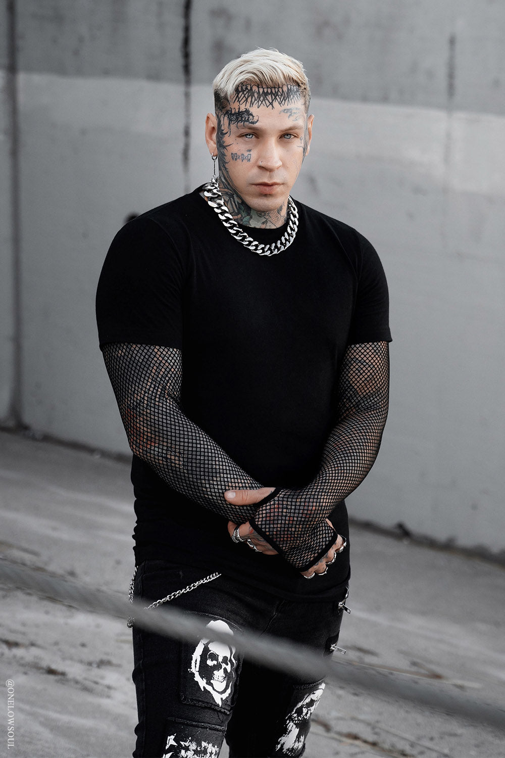 mens grunge goth fishnet shirt with black attached top