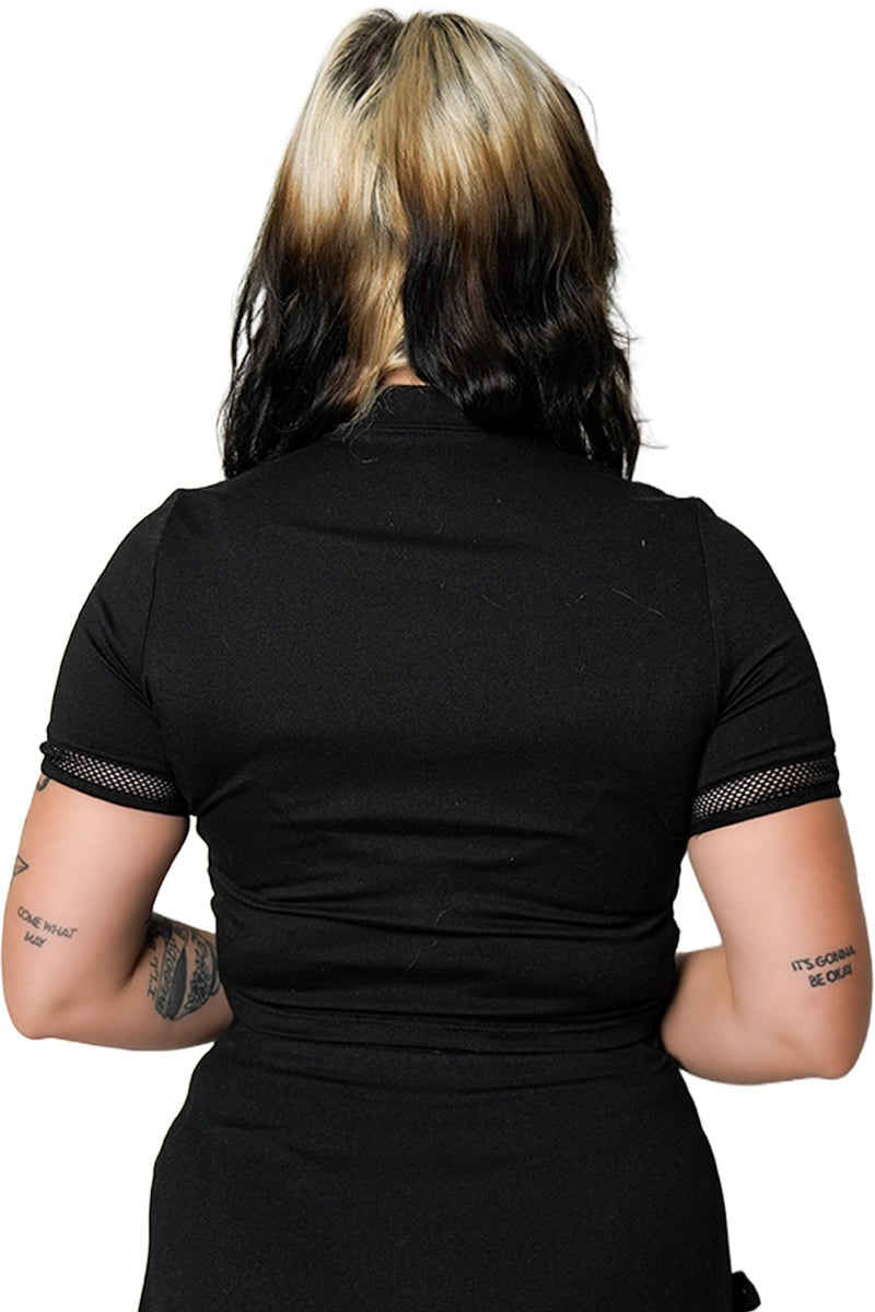 cut-out fishnet high collar top