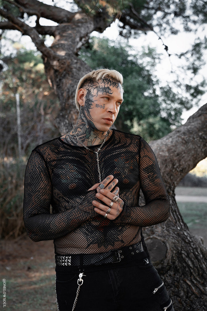 cybergoth black long sleeve fishnet shirt with thumbholes 