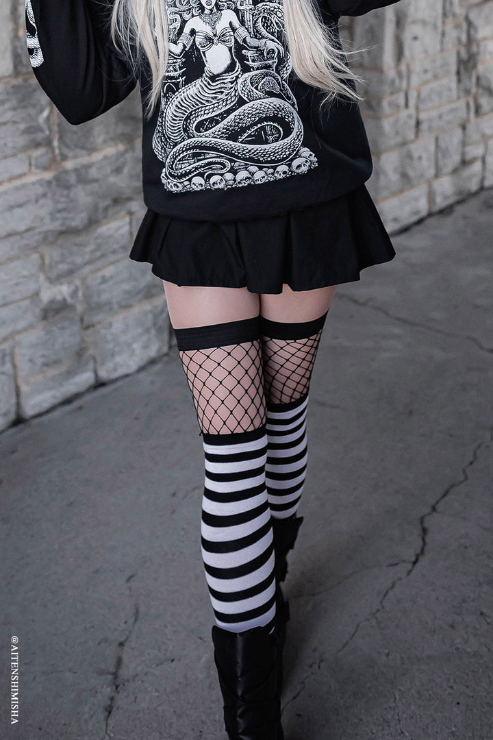 black and white striped socks with fishnet tops