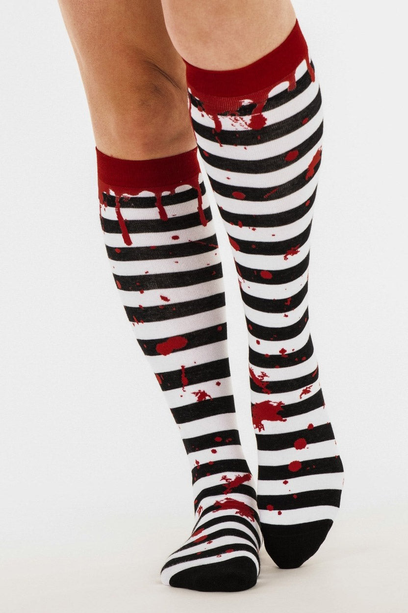spooky horror black and white striped blood drip socks