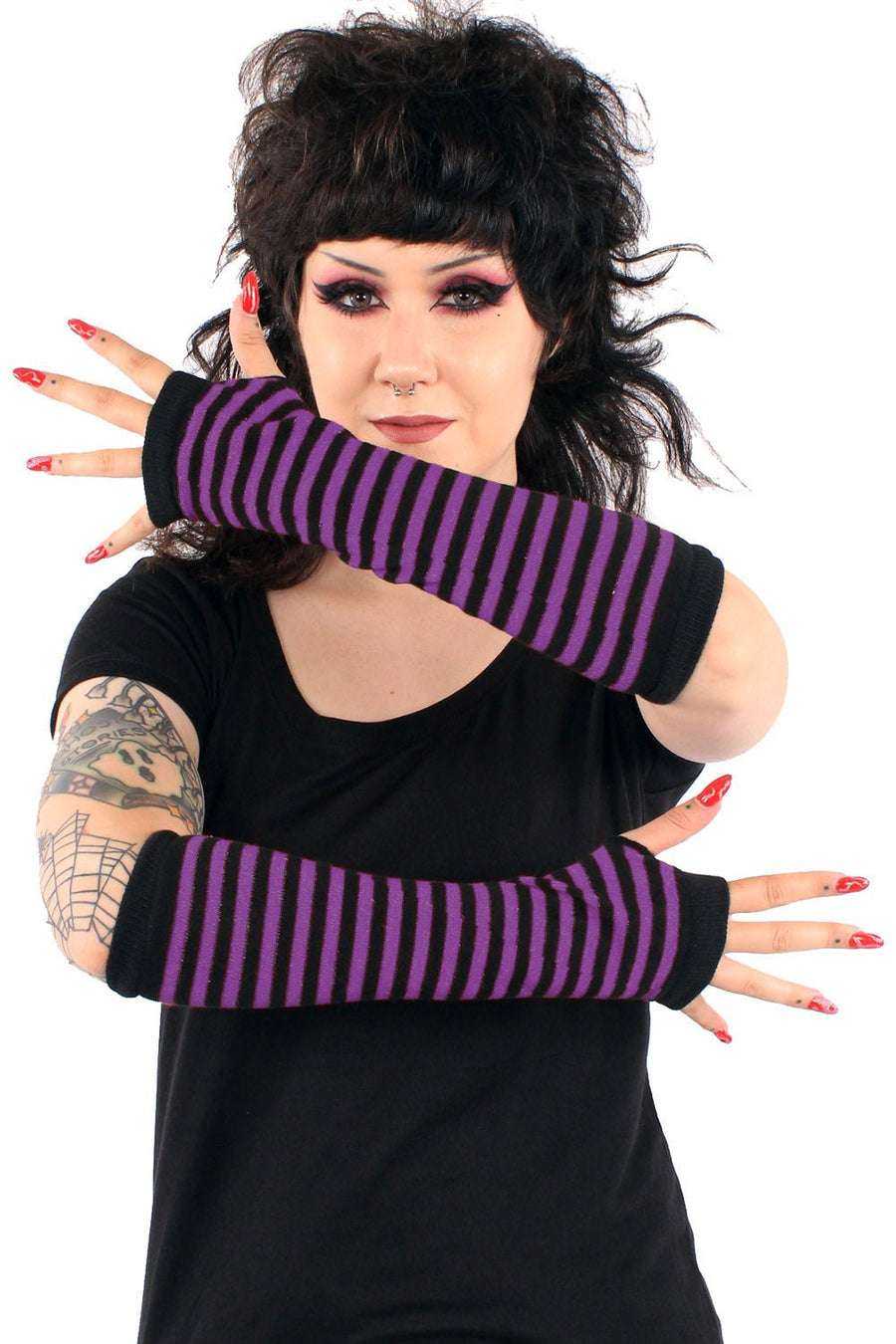 Emo Striped Arm Warmers [Black/Purple] - gloves & armwarmers - VampireFreaks - VampireFreaks