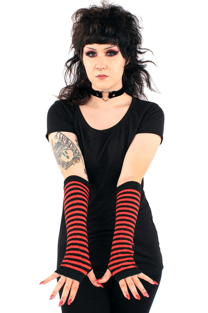 Emo Striped Arm Warmers [Black/Red] - gloves & armwarmers - VampireFreaks - VampireFreaks