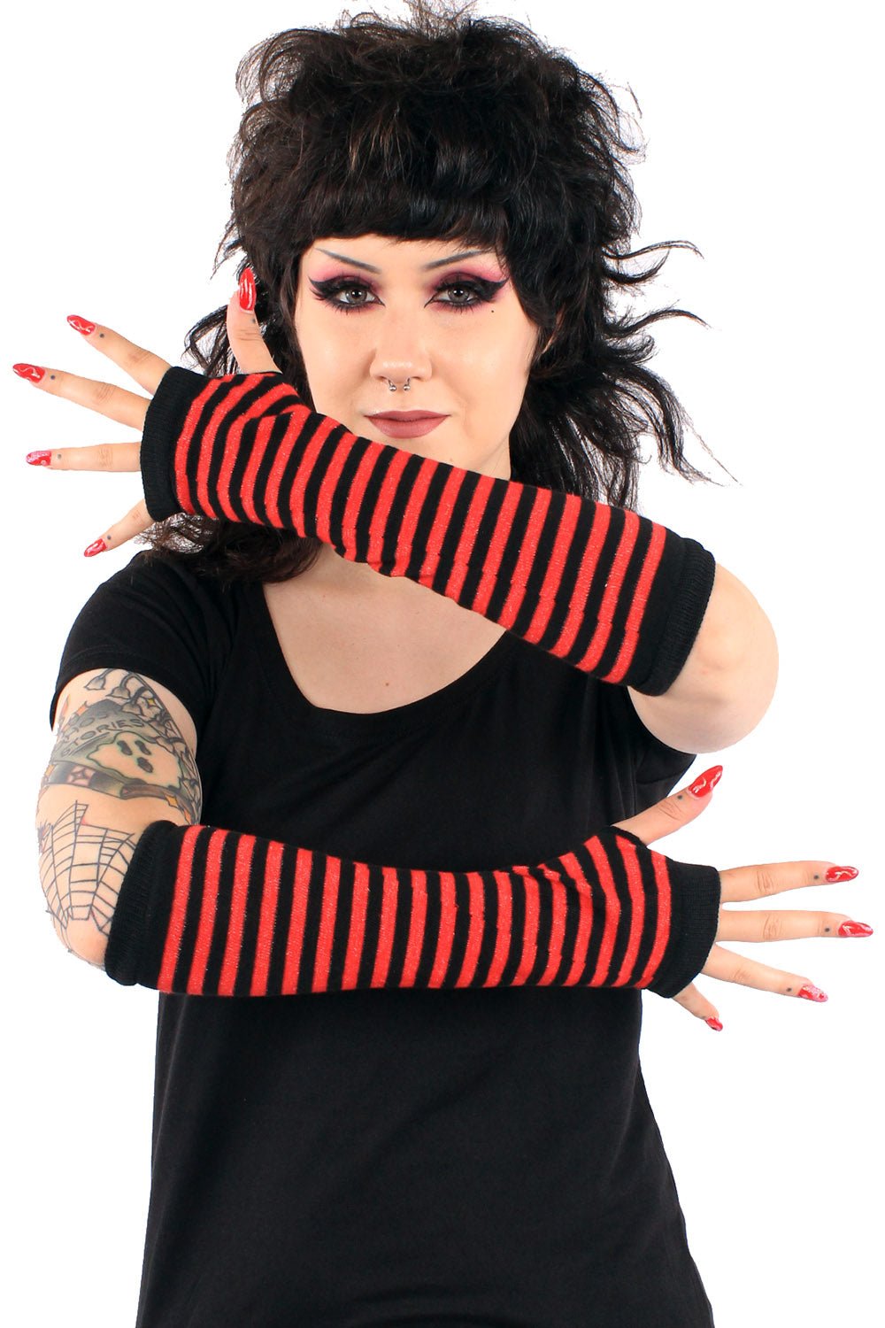 Emo Striped Arm Warmers [Black/Red] - gloves & armwarmers - VampireFreaks - VampireFreaks