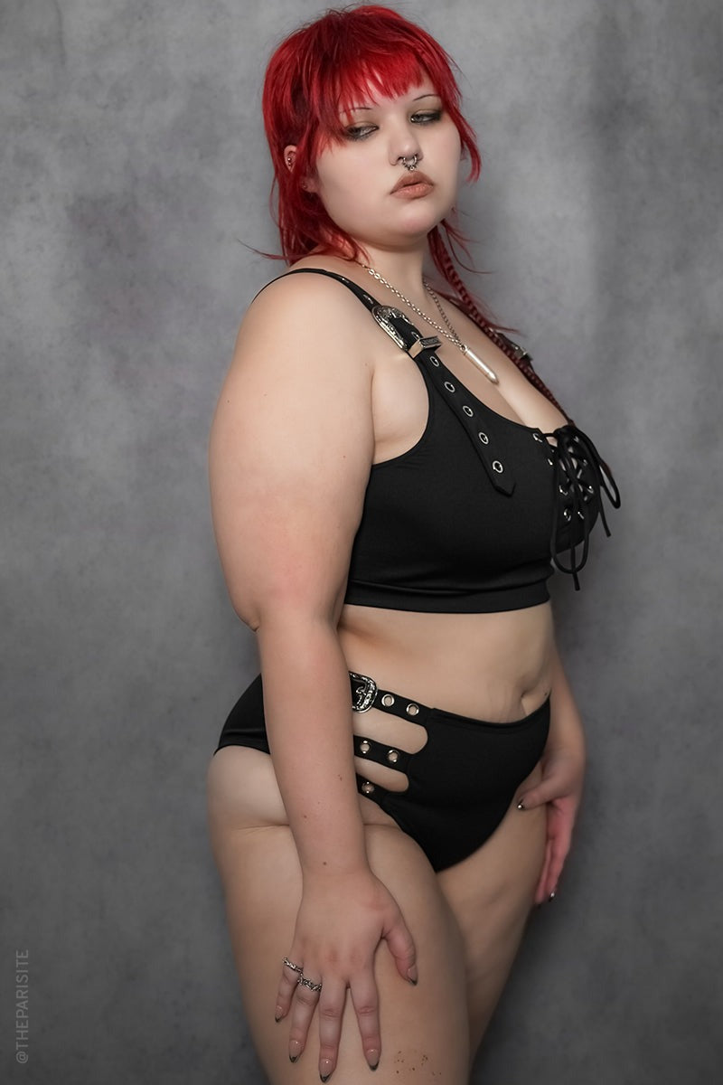 black stretchy high - waisted punk bikini bottoms 