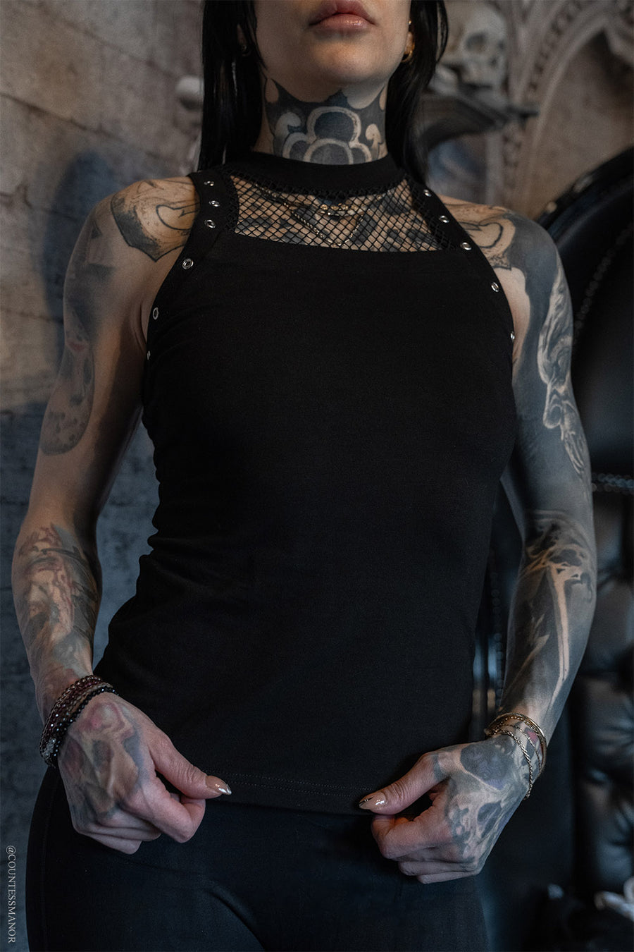 womens grunge goth sleeveless high collared fishnet black tank top